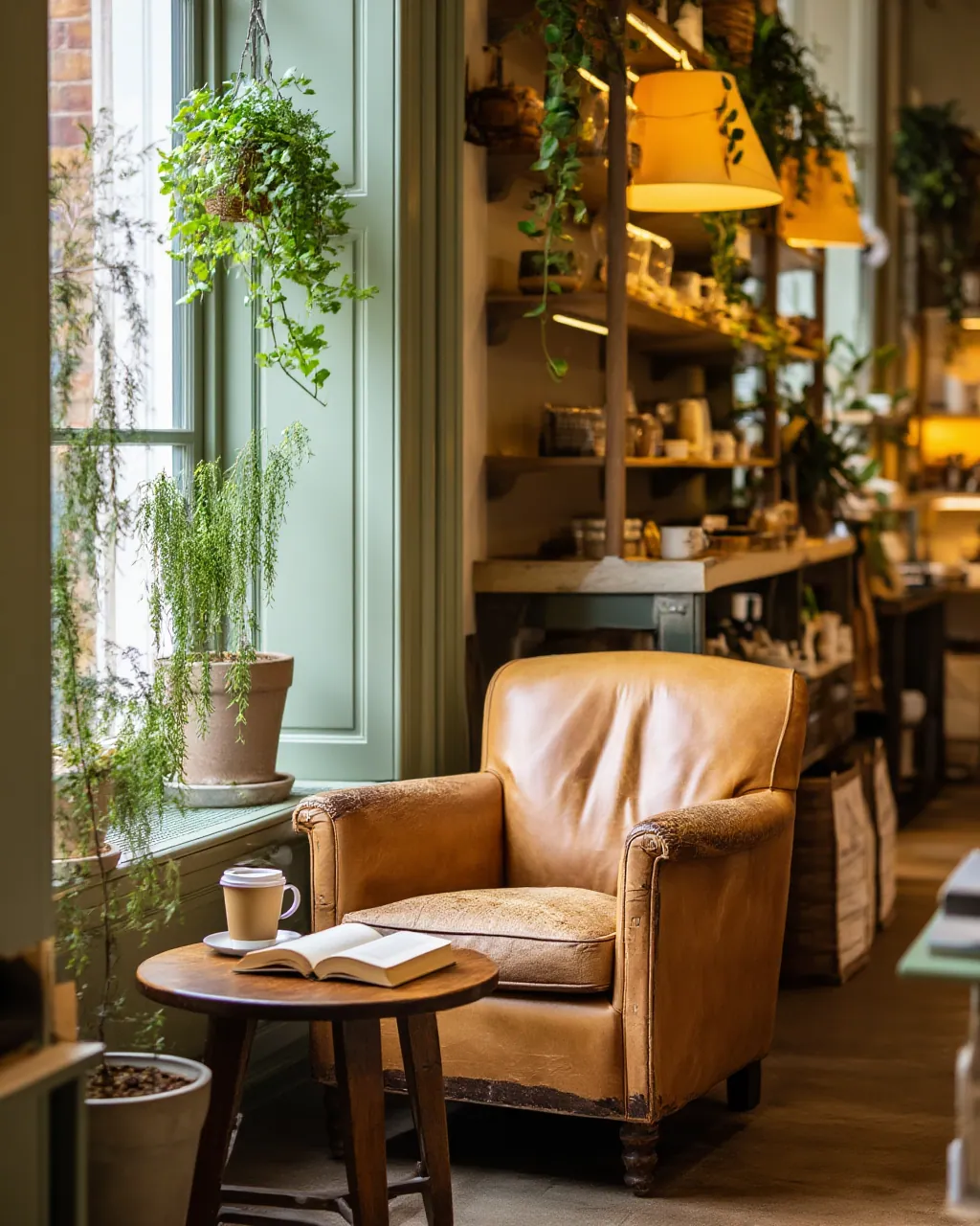 A cosy corner of Willow & Oak with a leather armchair and plants